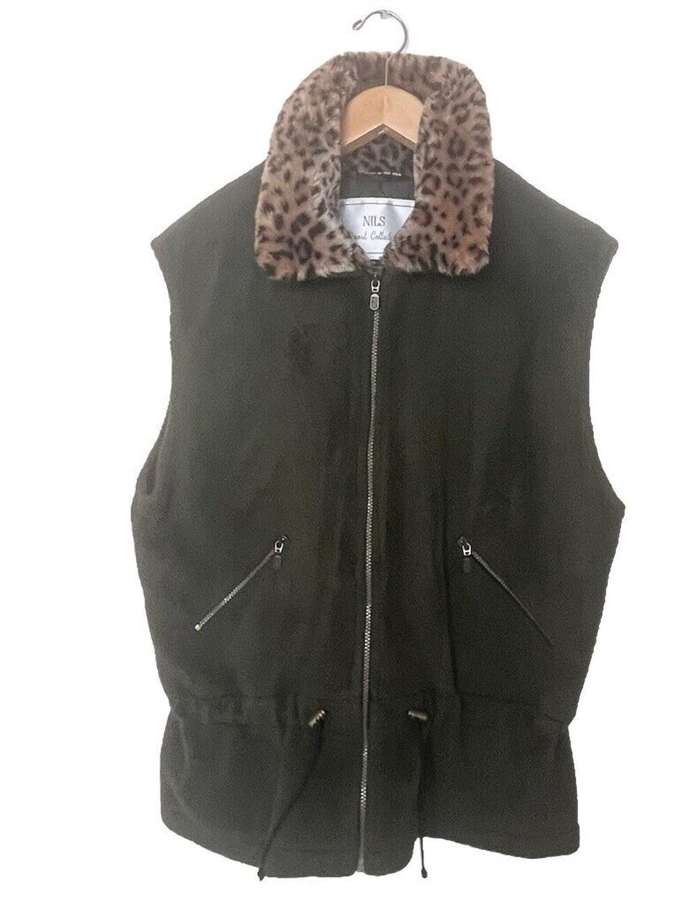 Vintage Nils Resort Collection Green Sherpa Fleece Vest Cheetah Leopard Sz XL